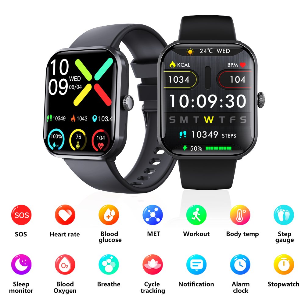 Monitor de Glicose no Sangue Smartwatch para Diabéticos com Alarme SOS e Chamada de Emergência