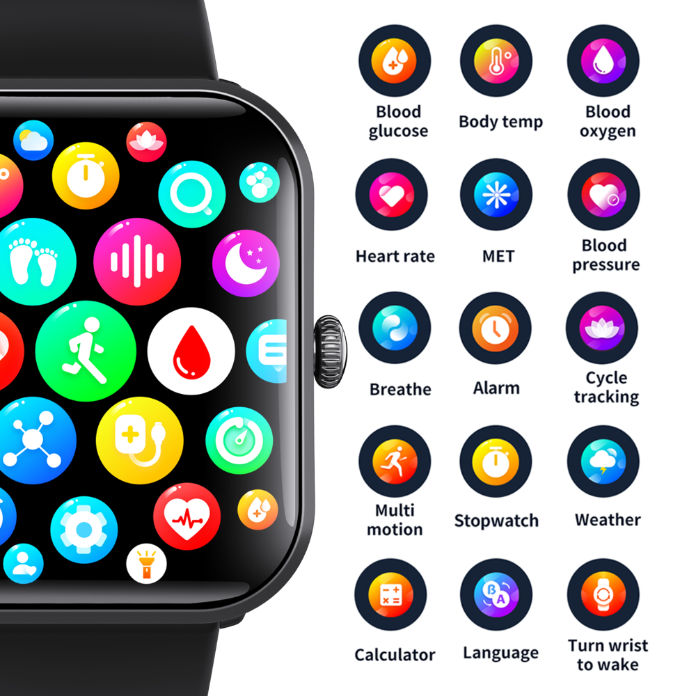 Monitor de Glicose no Sangue Smartwatch para Diabéticos com Alarme SOS e Chamada de Emergência
