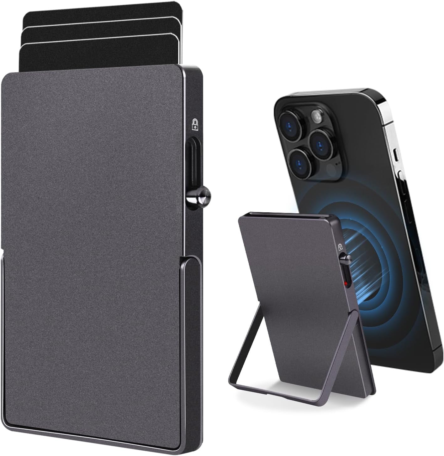 Carteira com Bloqueio RFID Minimalista e Slim para Cartões com MagSafe, com Suporte Ajustável, Carteira Magnética de Metal com Sistema Pop-Up para Homens TOYFID